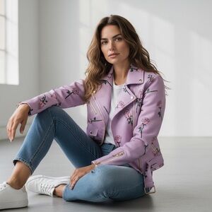 Lilac Floral Embroidered Leather Jacket